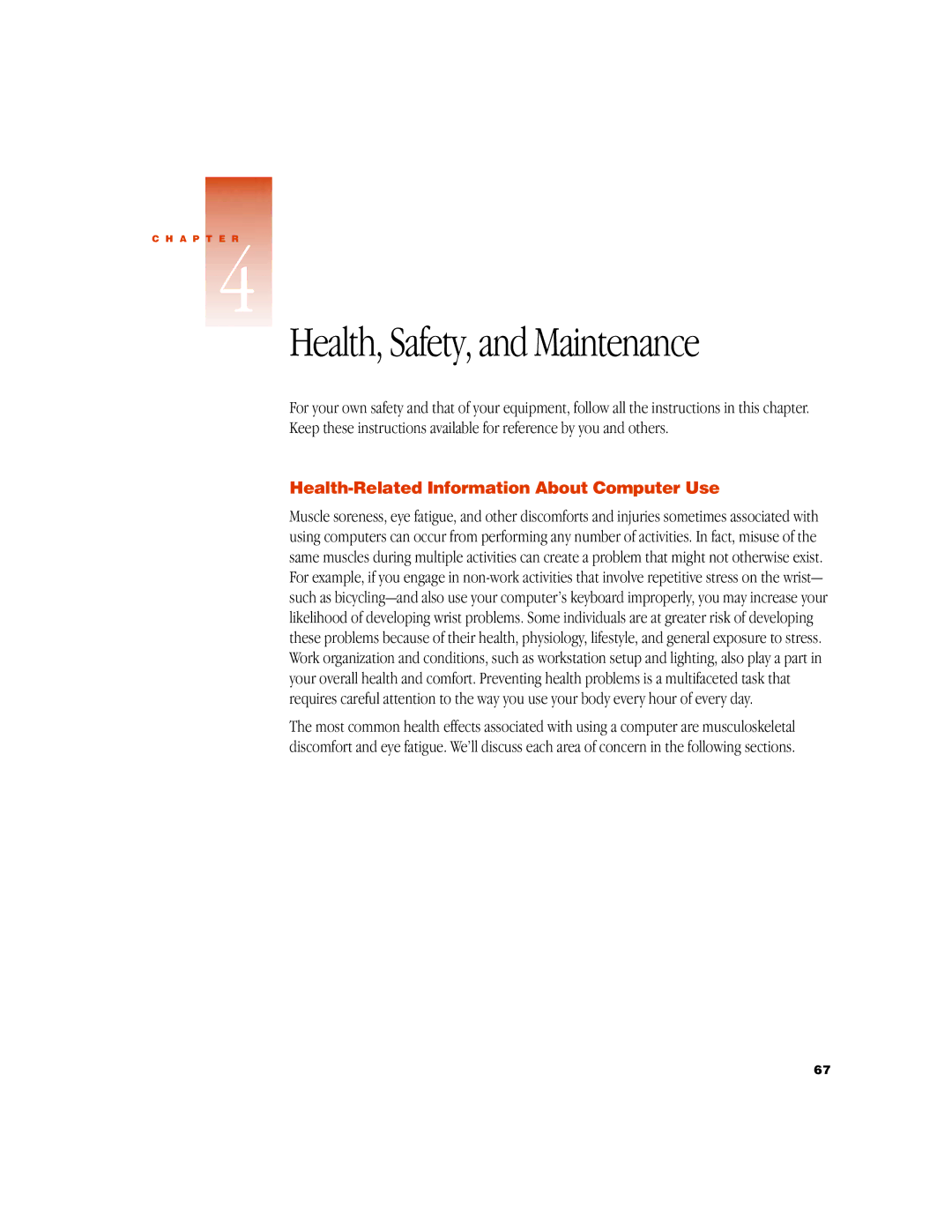 Apple G3 manual Health, Safety, and Maintenance, Health-Related Information About Computer Use 