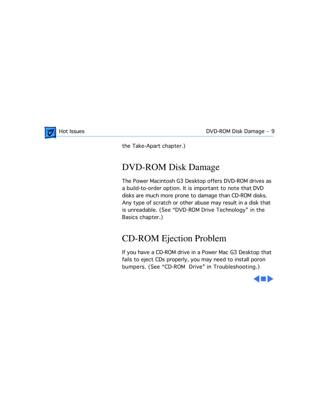 Apple G3 manual DVD-ROM Disk Damage, CD-ROM Ejection Problem 
