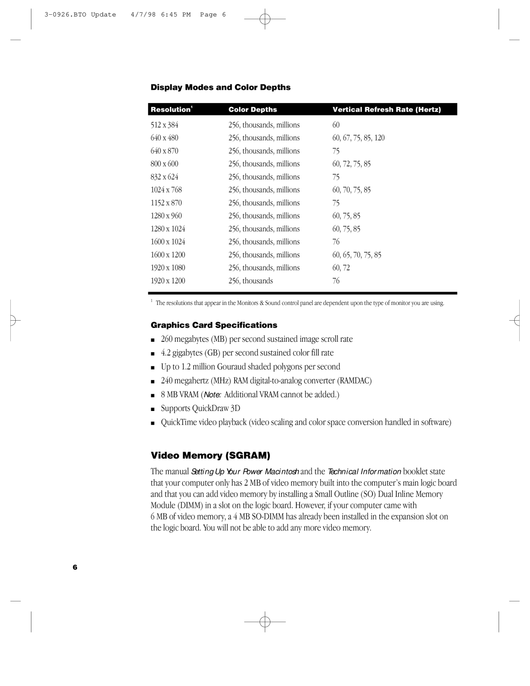 Apple G3 manual Video Memory Sgram 