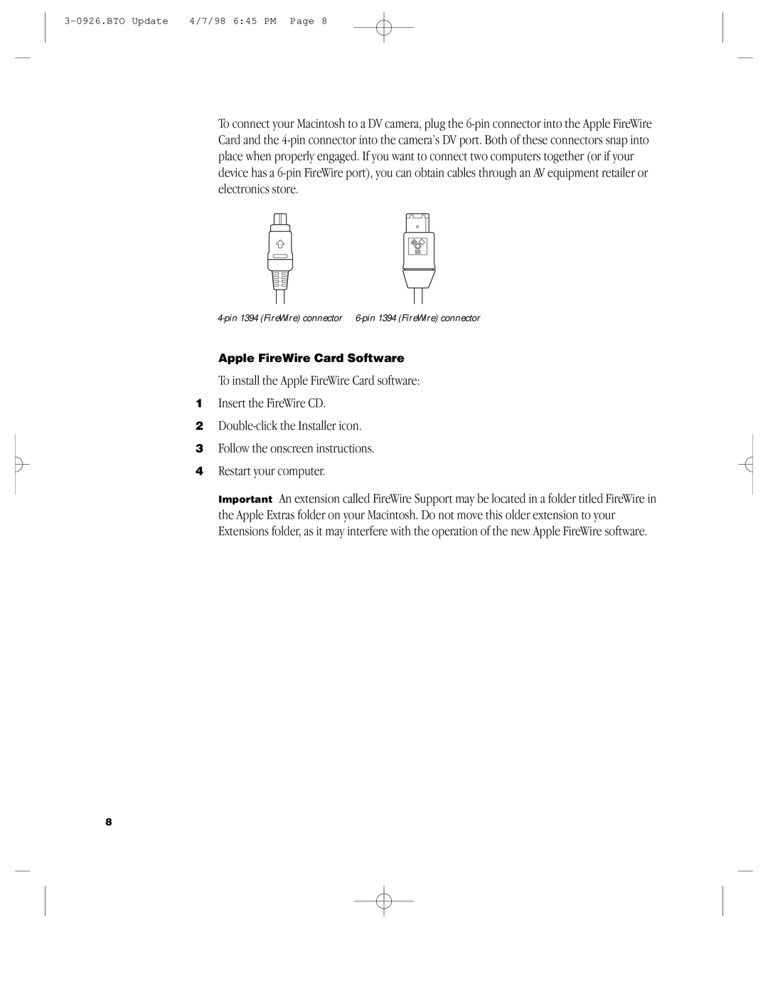 Apple G3 manual Apple FireWire Card Software 