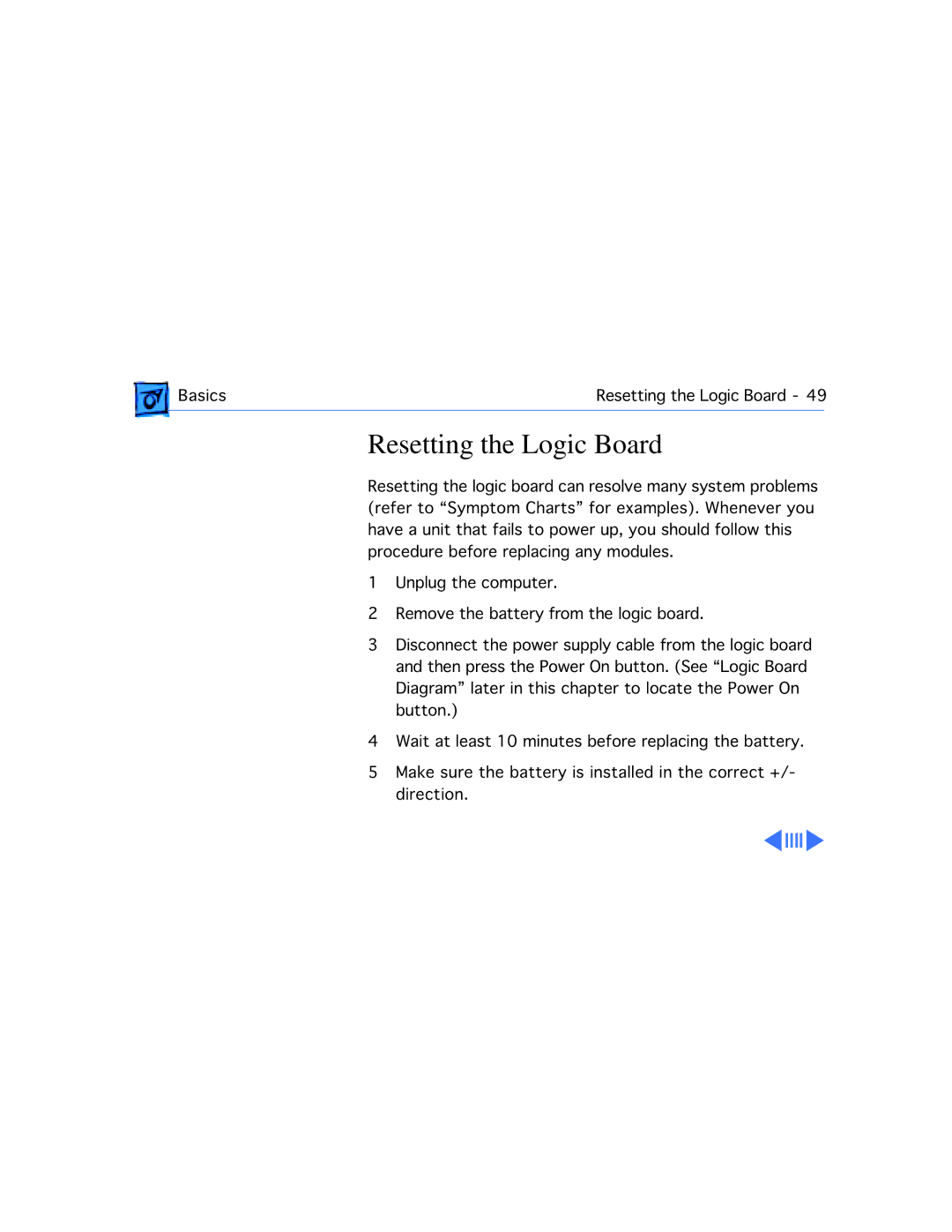 Apple G3 manual Resetting the Logic Board 