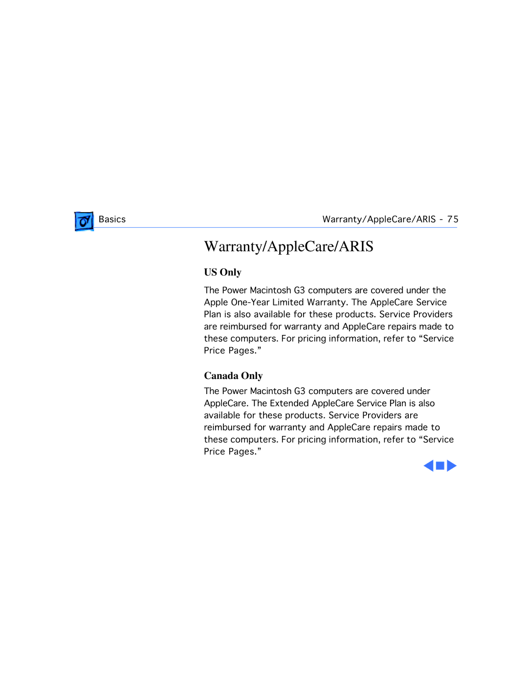 Apple G3 manual Warranty/AppleCare/ARIS, US Only 