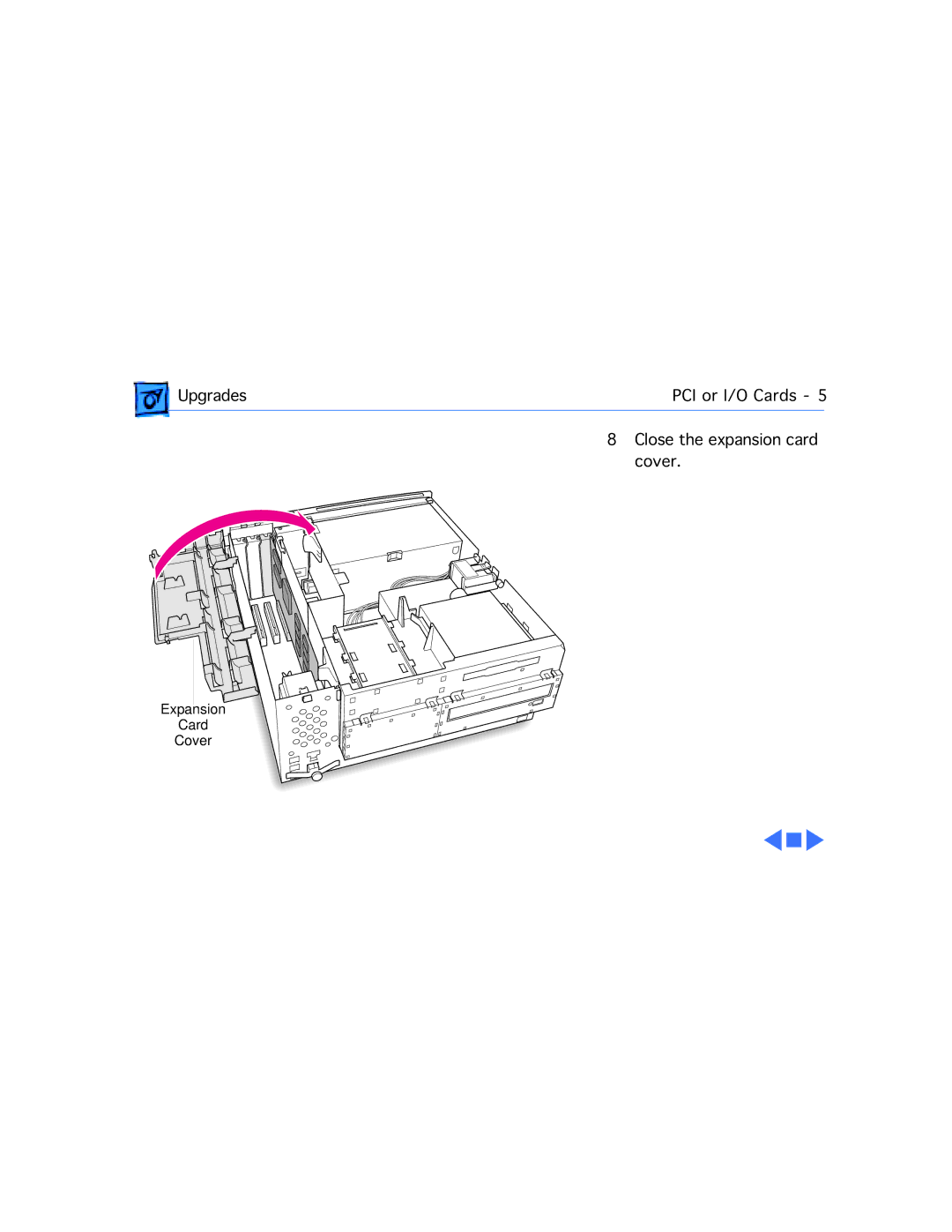 Apple G3 manual Upgrades PCI or I/O Cards Close the expansion card Cover 