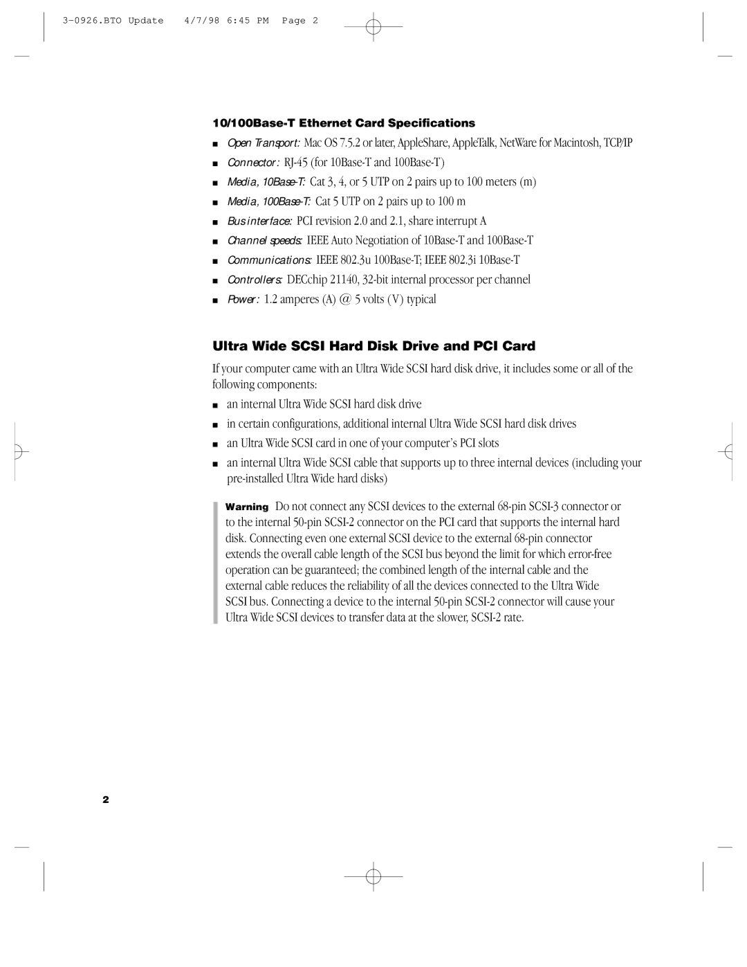 Apple G3 manual Ultra Wide Scsi Hard Disk Drive and PCI Card 