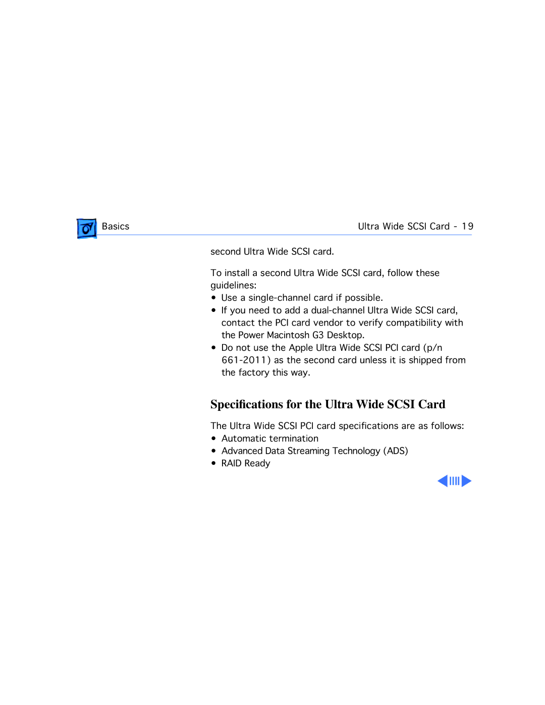 Apple G3 manual Speciﬁcations for the Ultra Wide Scsi Card 