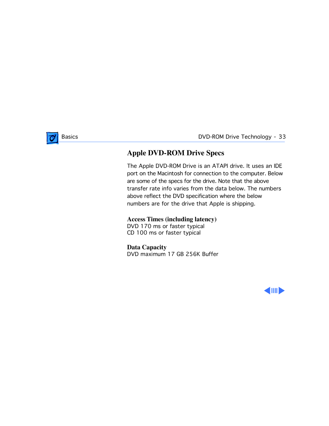 Apple G3 manual Apple DVD-ROM Drive Specs 