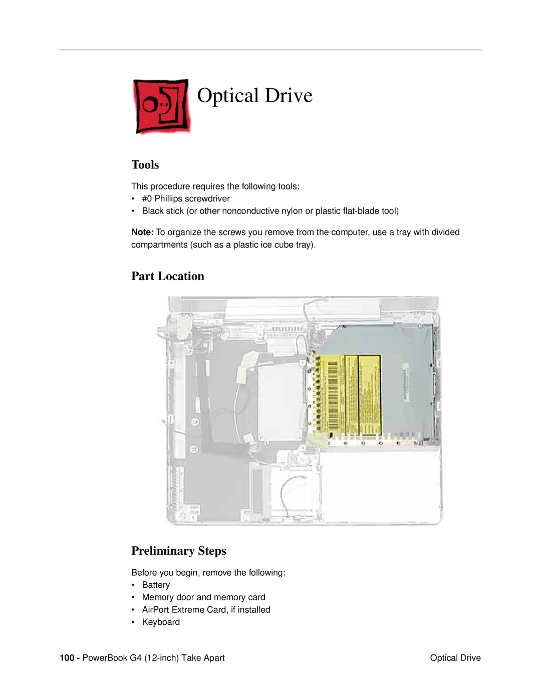 Apple G4 (12-INCH DVI) manual Optical Drive, Tools 