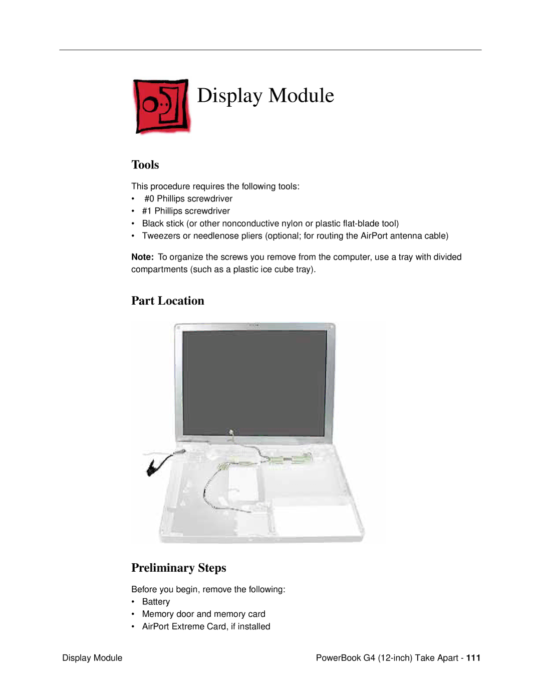 Apple G4 (12-INCH DVI) manual Display Module, Tools 