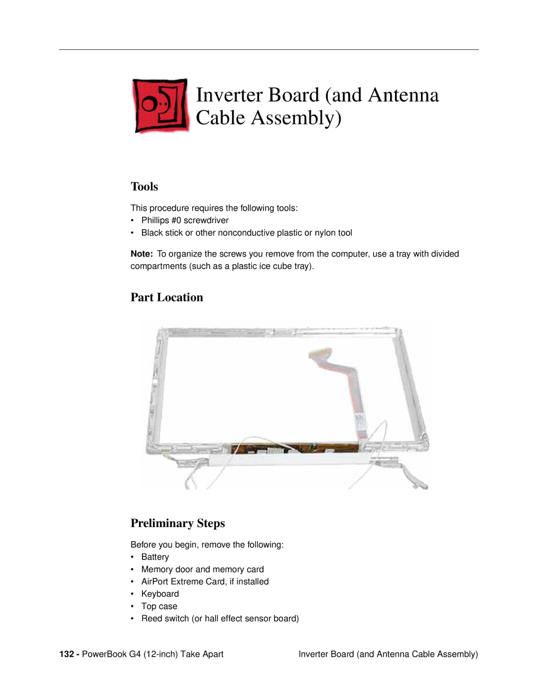 Apple G4 (12-INCH DVI) manual Inverter Board and Antenna Cable Assembly, Tools 