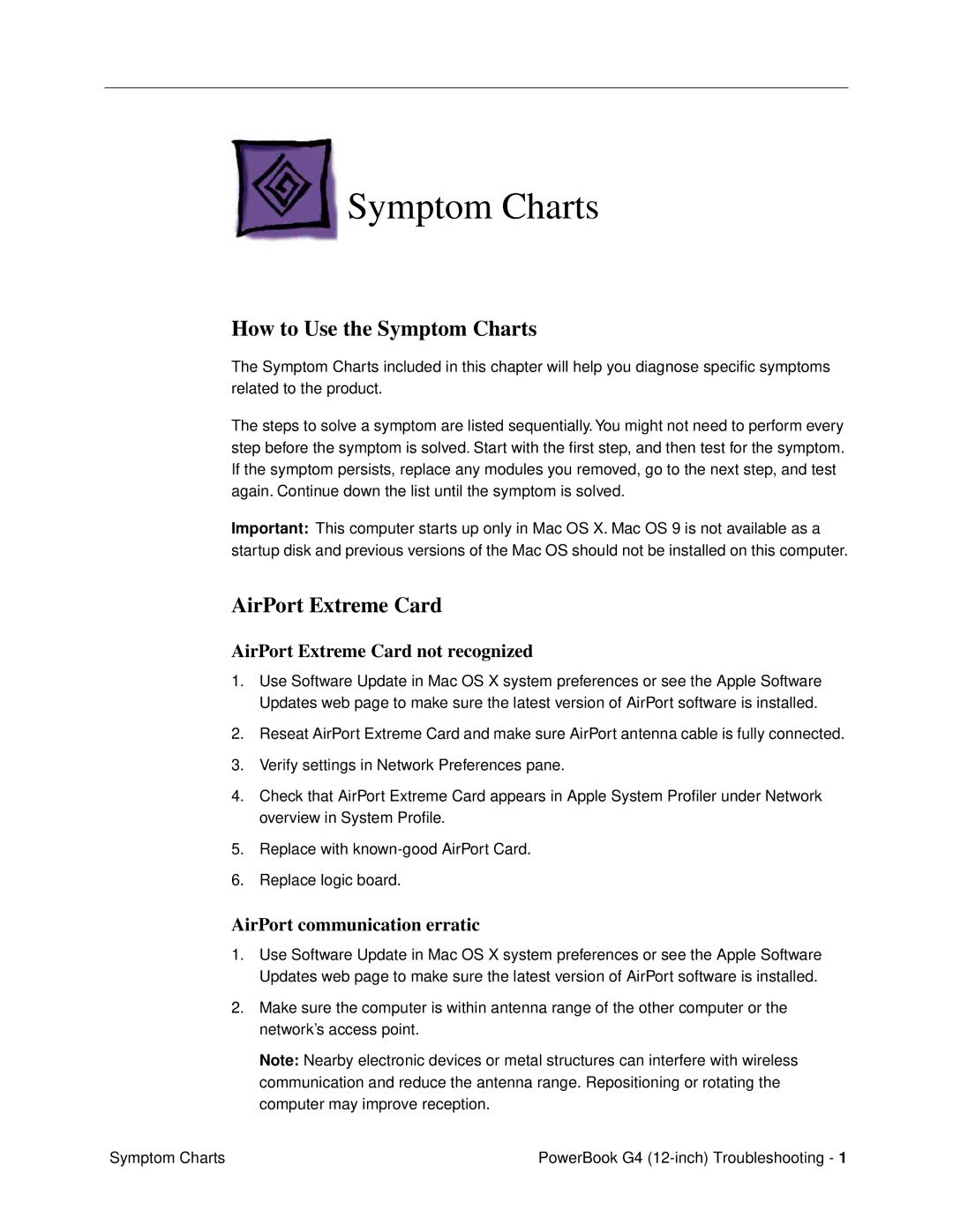 Apple G4 (12-INCH DVI) manual How to Use the Symptom Charts, AirPort Extreme Card 