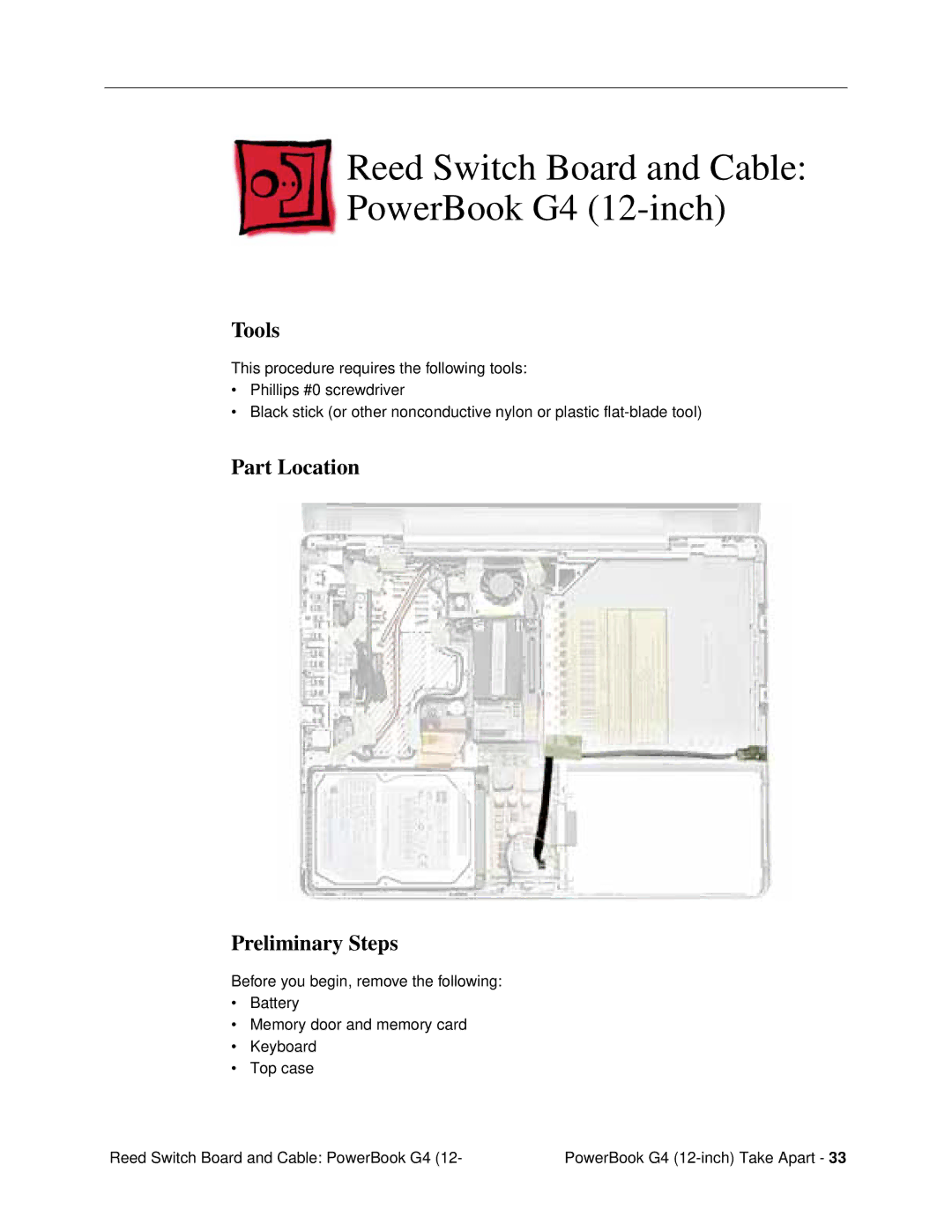 Apple G4 (12-INCH DVI) manual Reed Switch Board and Cable PowerBook G4 12-inch, Tools 