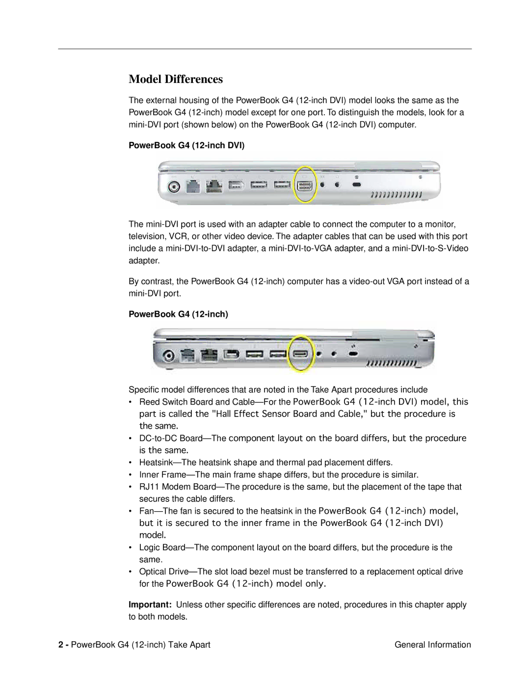 Apple G4 (12-INCH DVI) manual Model Differences, PowerBook G4 12-inch DVI 