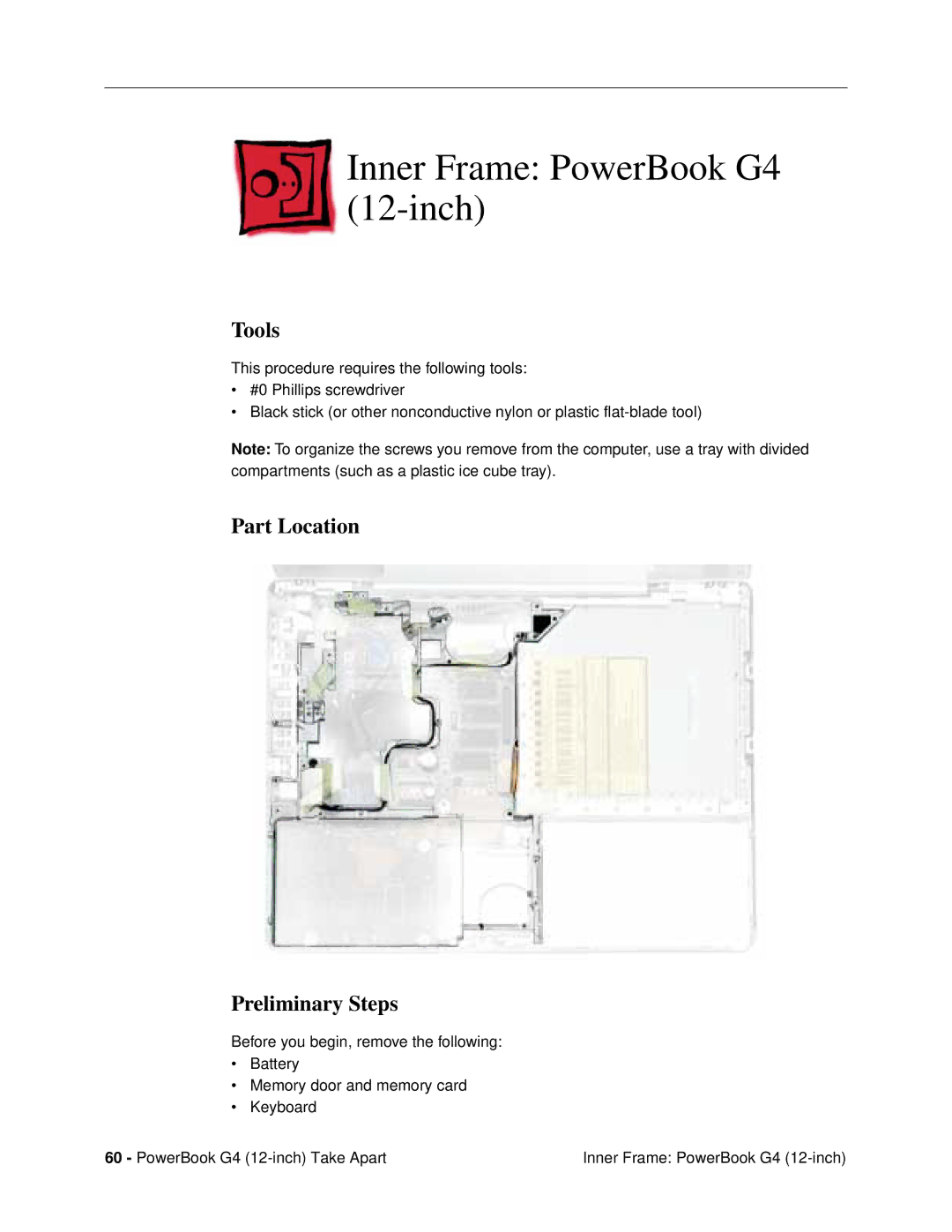 Apple G4 (12-INCH DVI) manual Inner Frame PowerBook G4 12-inch, Tools 