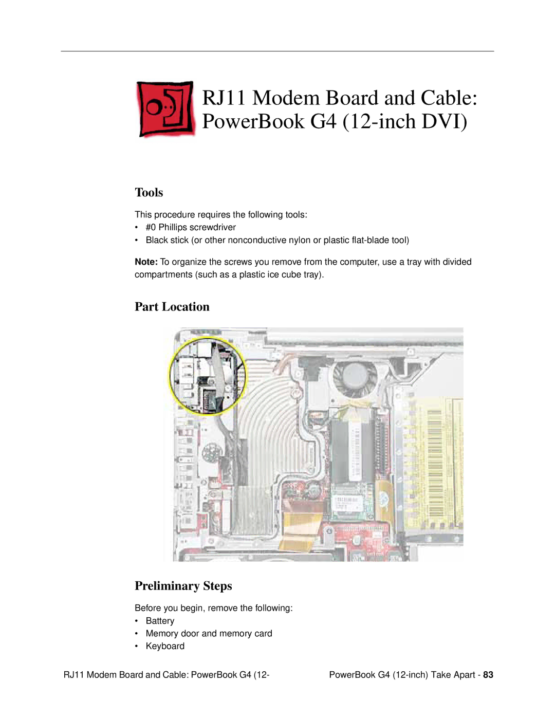 Apple G4 (12-INCH DVI) manual RJ11 Modem Board and Cable PowerBook G4 12-inch DVI, Tools 