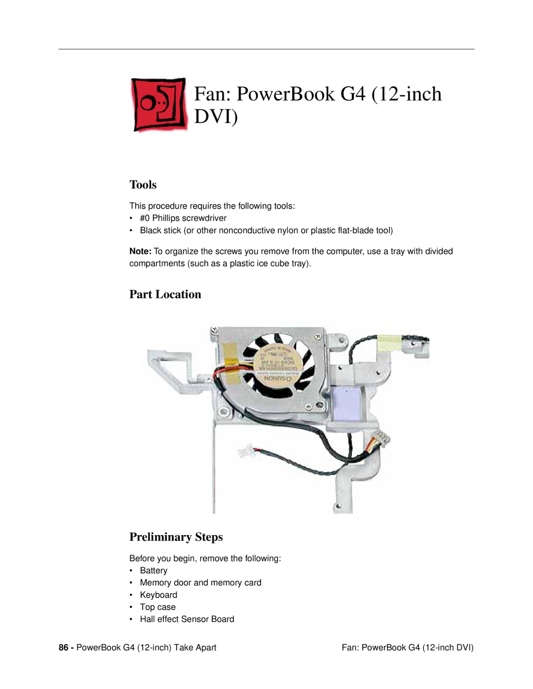 Apple G4 (12-INCH DVI) manual Fan PowerBook G4 12-inch DVI, Tools 