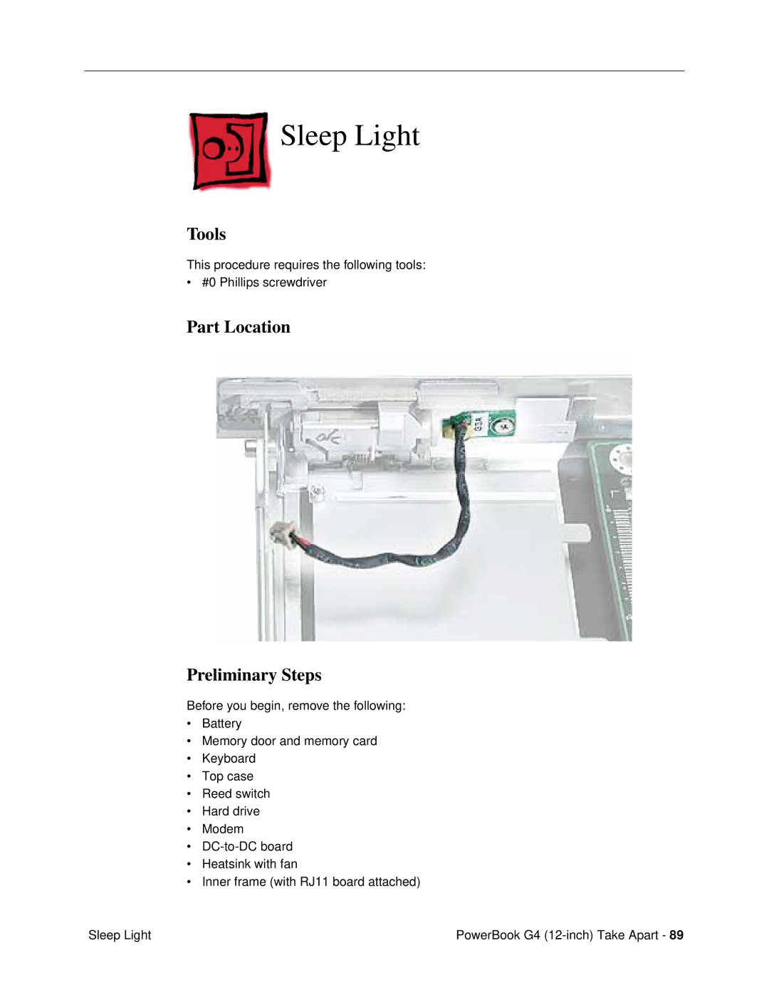 Apple G4 (12-INCH DVI) manual Sleep Light, Tools 