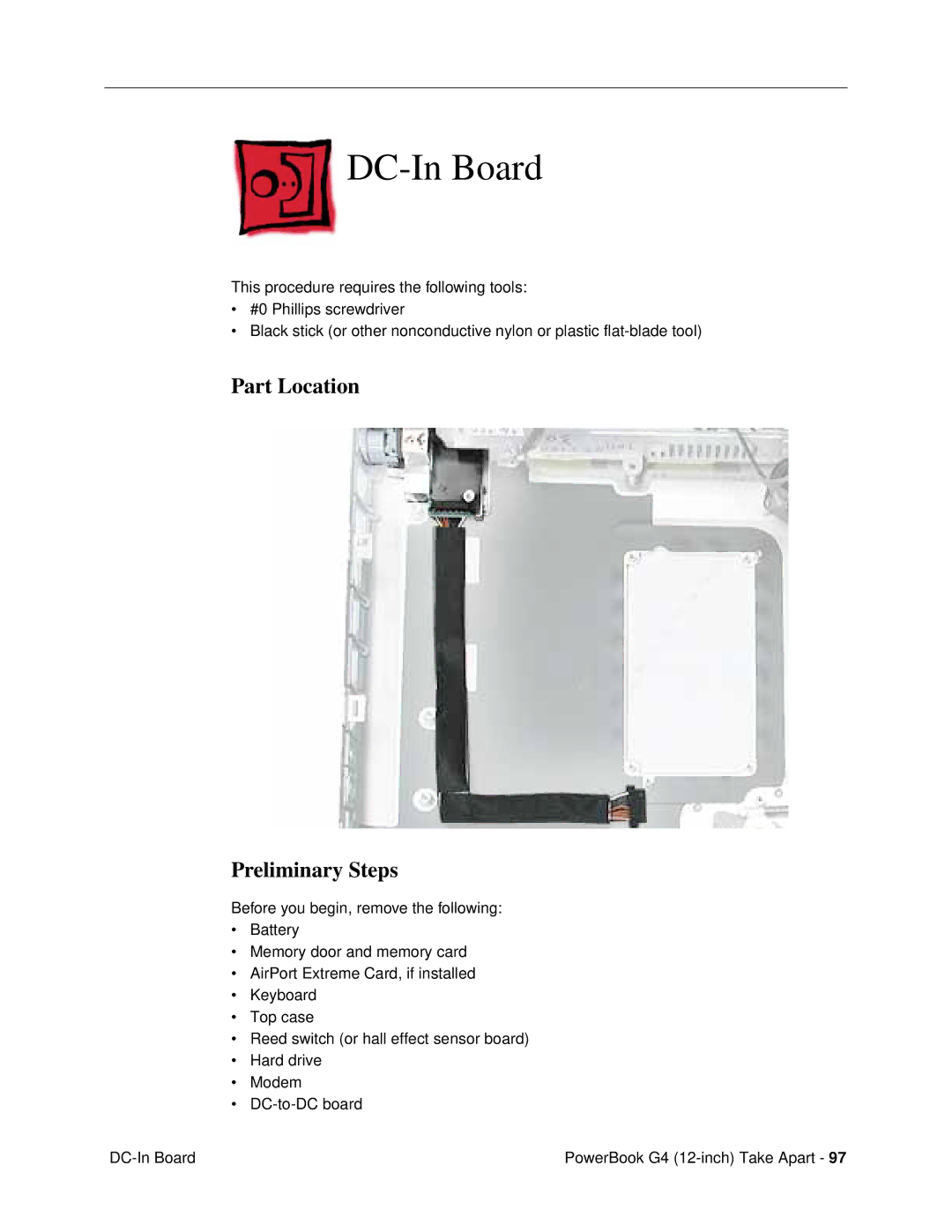 Apple G4 (12-INCH DVI) manual DC-In Board, Part Location Preliminary Steps 