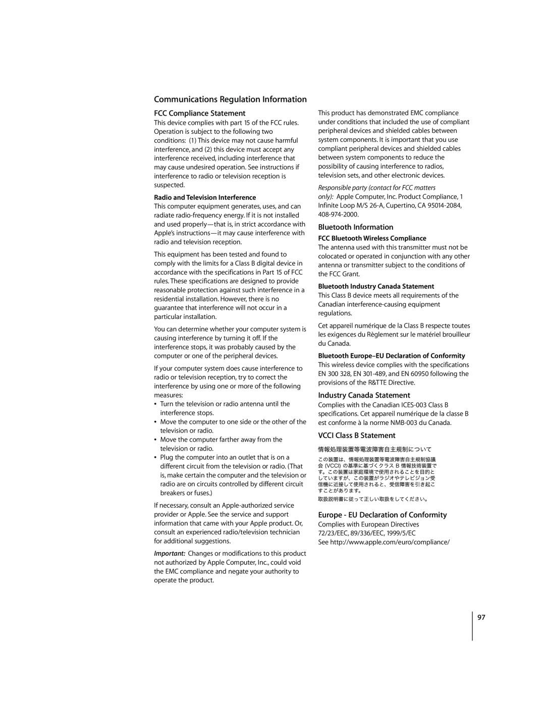 Apple G4 12 manual Communications Regulation Information FCC Compliance Statement, Bluetooth Information 