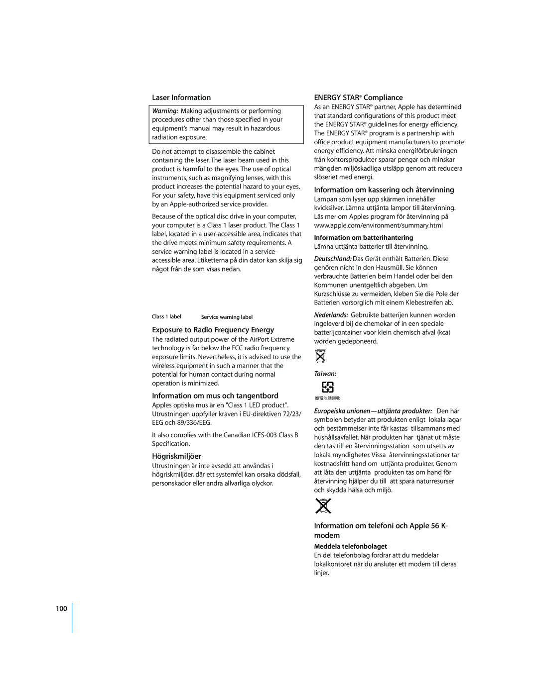 Apple G4 15-TUM manual Laser Information 