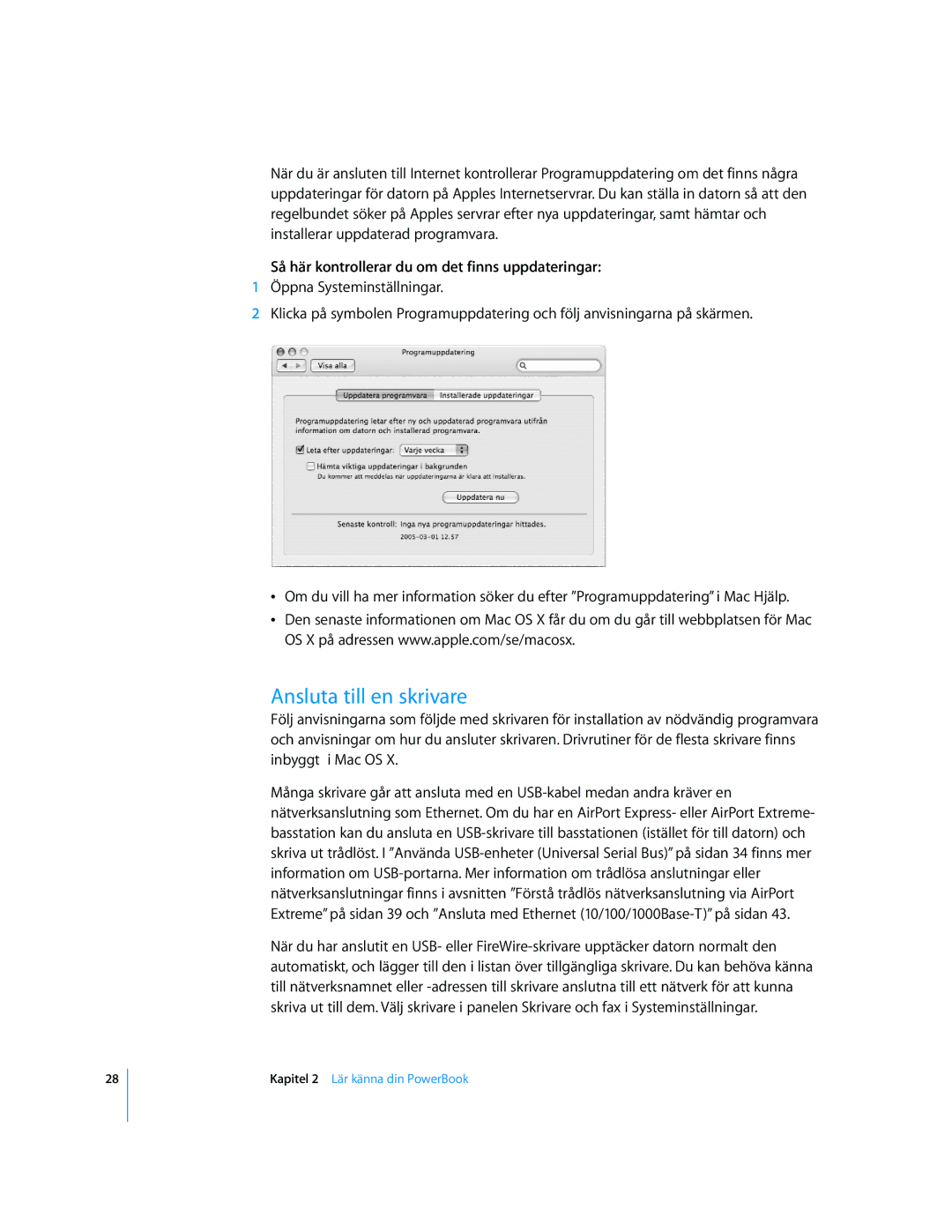 Apple G4 15-TUM manual Ansluta till en skrivare, Så här kontrollerar du om det finns uppdateringar 