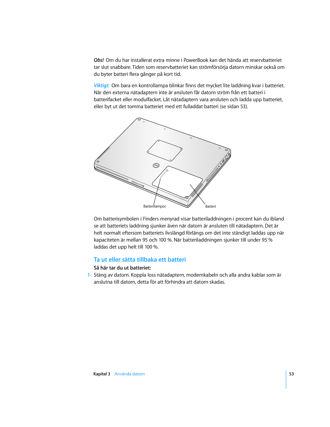 Apple G4 15-TUM manual Ta ut eller sätta tillbaka ett batteri, Så här tar du ut batteriet 