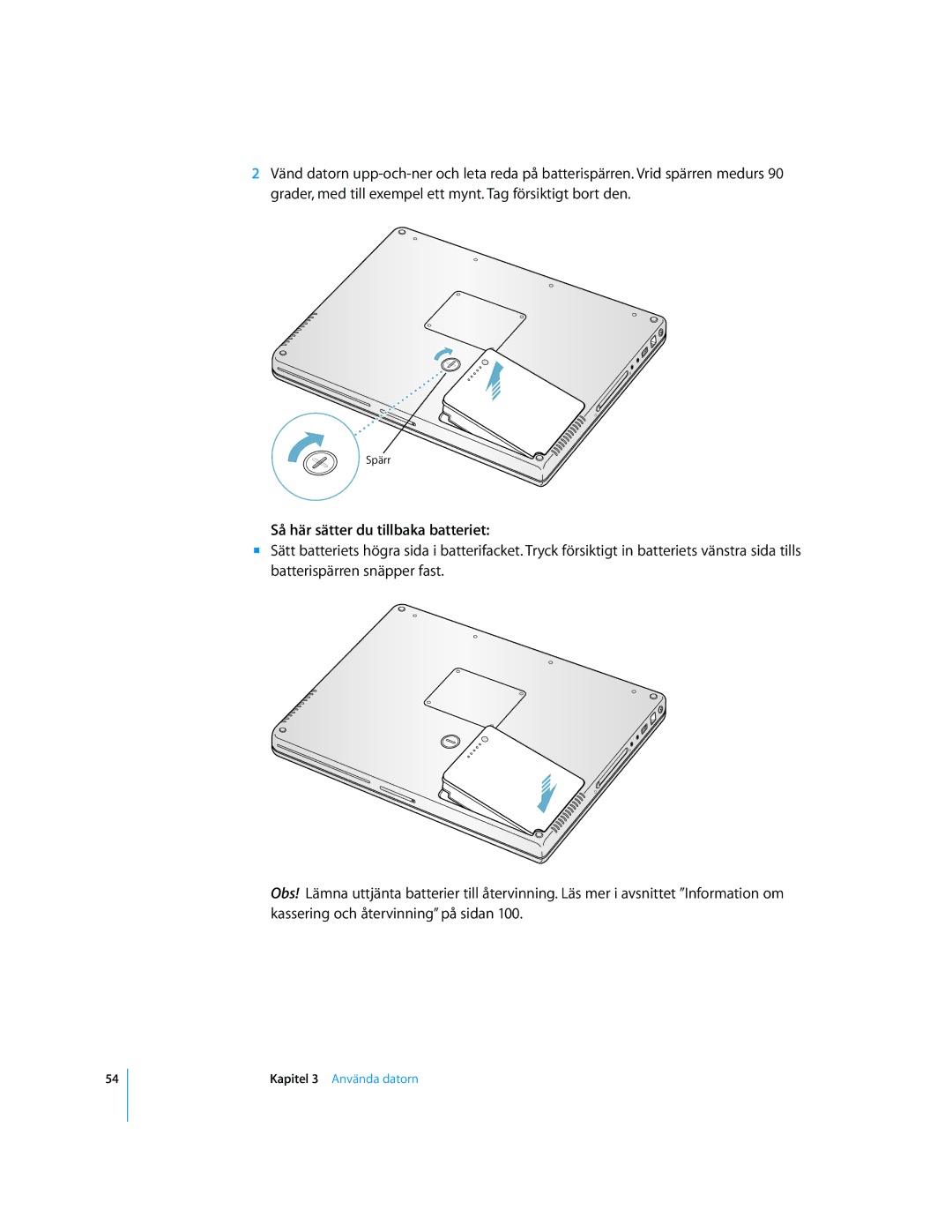 Apple G4 15-TUM manual Så här sätter du tillbaka batteriet 