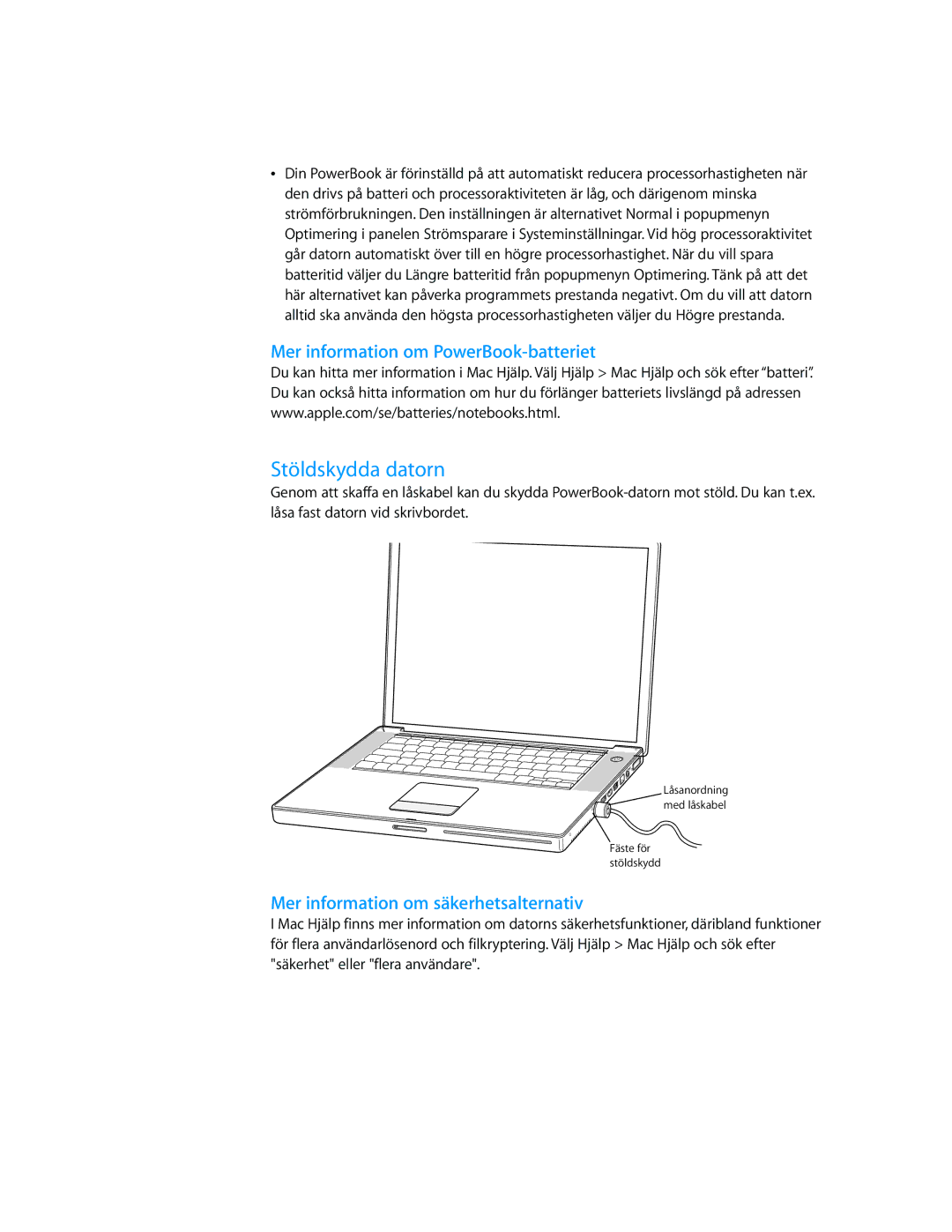 Apple G4 15-TUM manual Stöldskydda datorn, Mer information om PowerBook-batteriet, Mer information om säkerhetsalternativ 