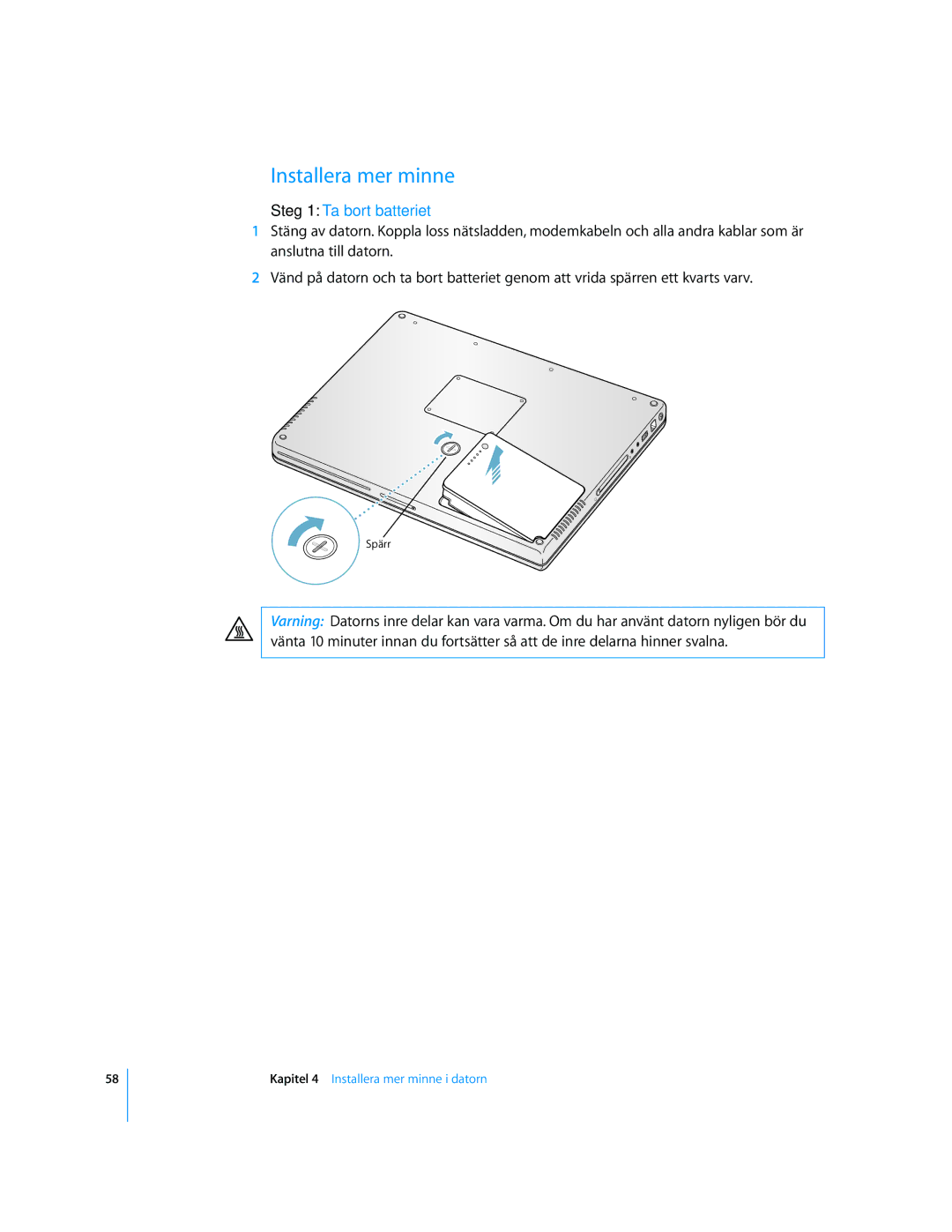 Apple G4 15-TUM manual Installera mer minne, Steg 1 Ta bort batteriet 