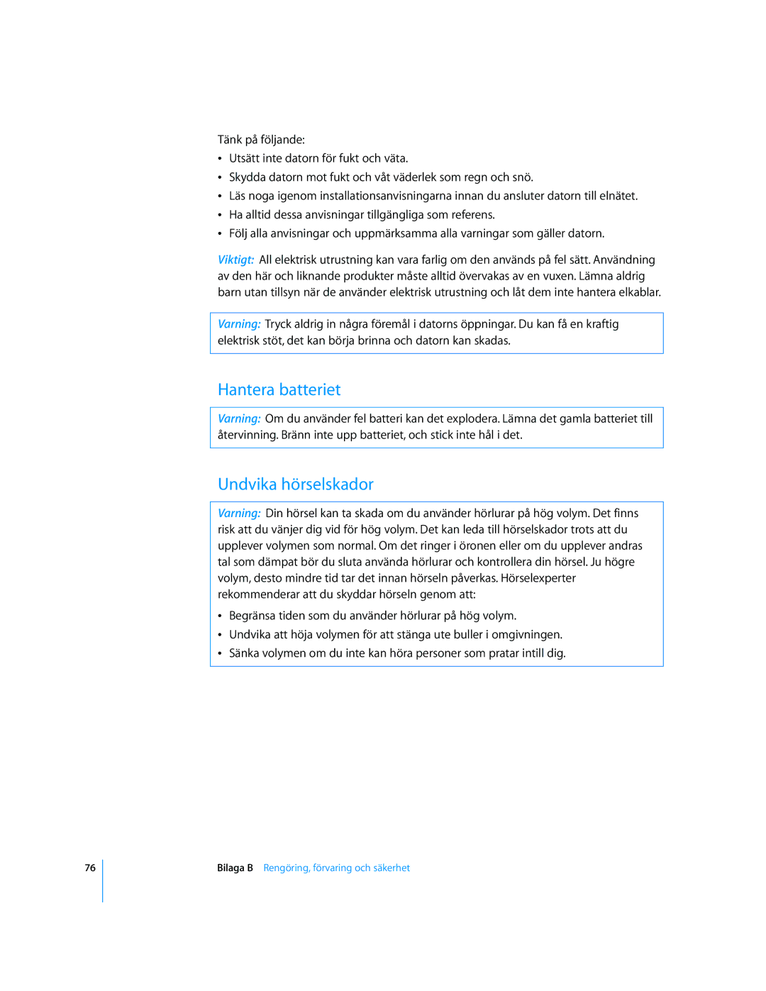 Apple G4 15-TUM manual Hantera batteriet, Undvika hörselskador 