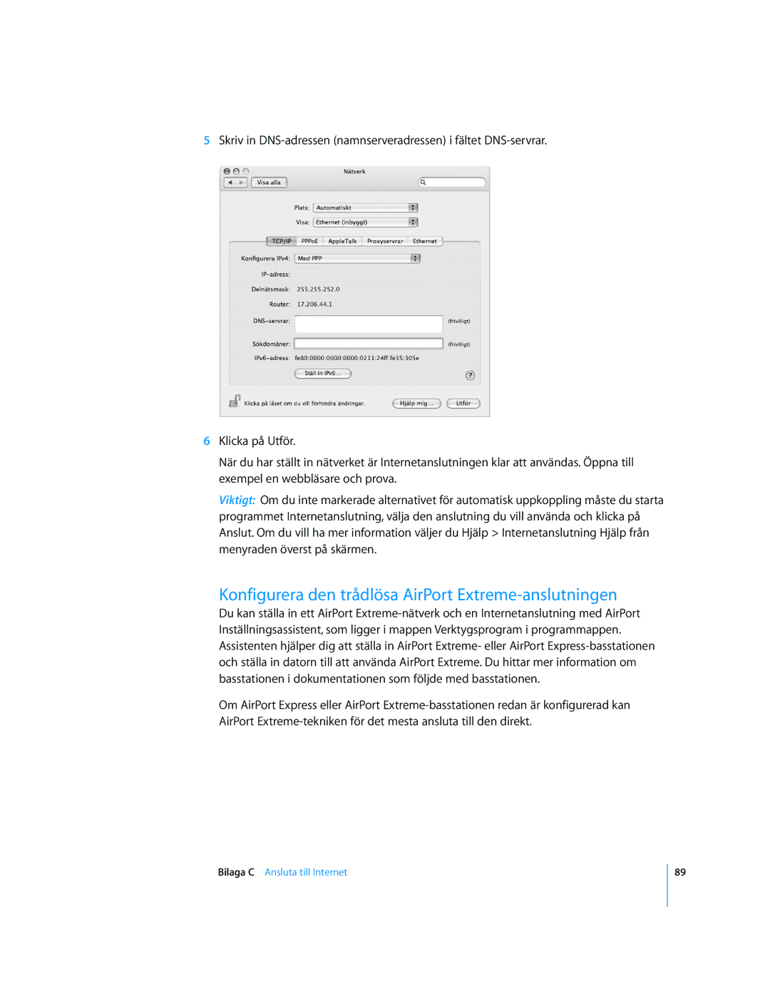 Apple G4 15-TUM manual Konfigurera den trådlösa AirPort Extreme-anslutningen 