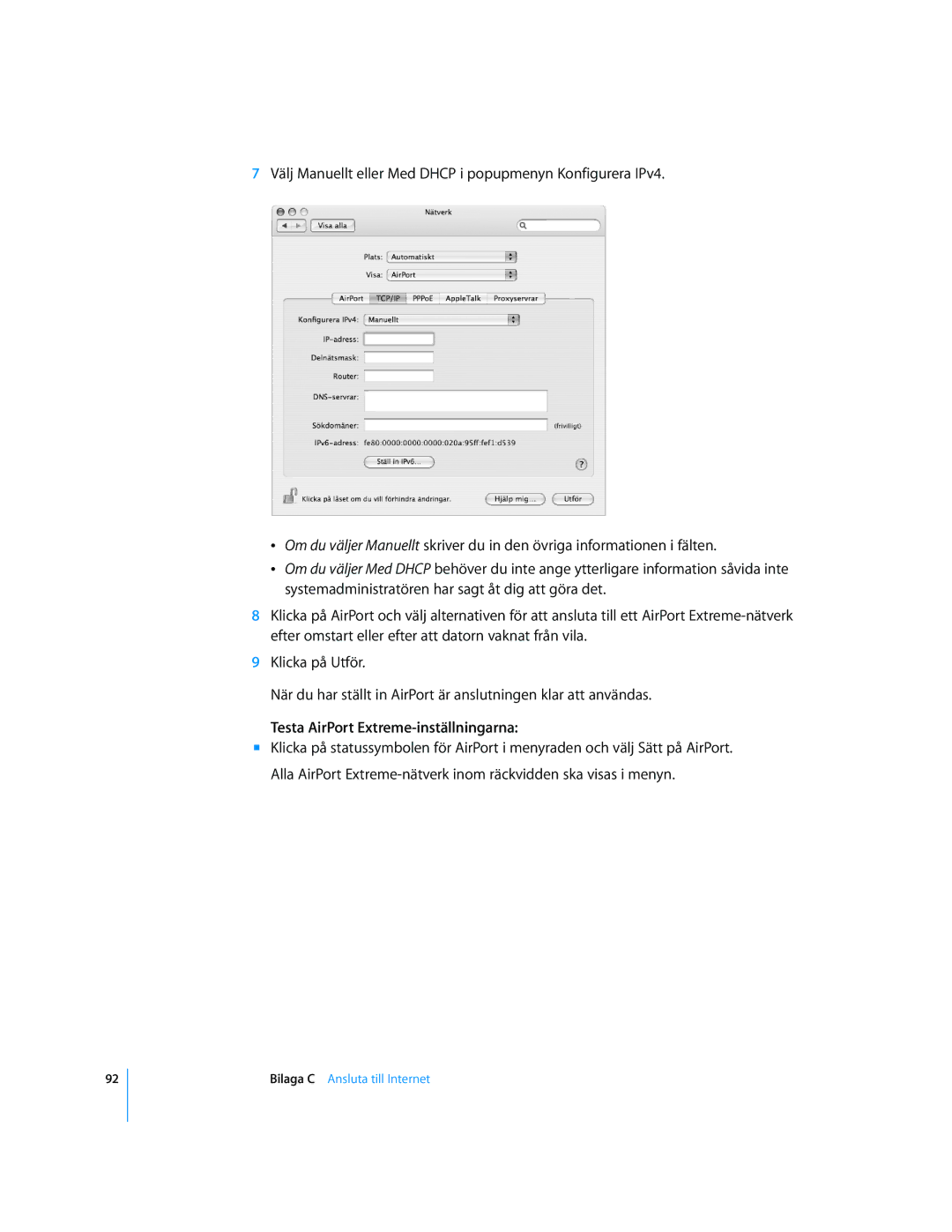 Apple G4 15-TUM manual Testa AirPort Extreme-inställningarna 