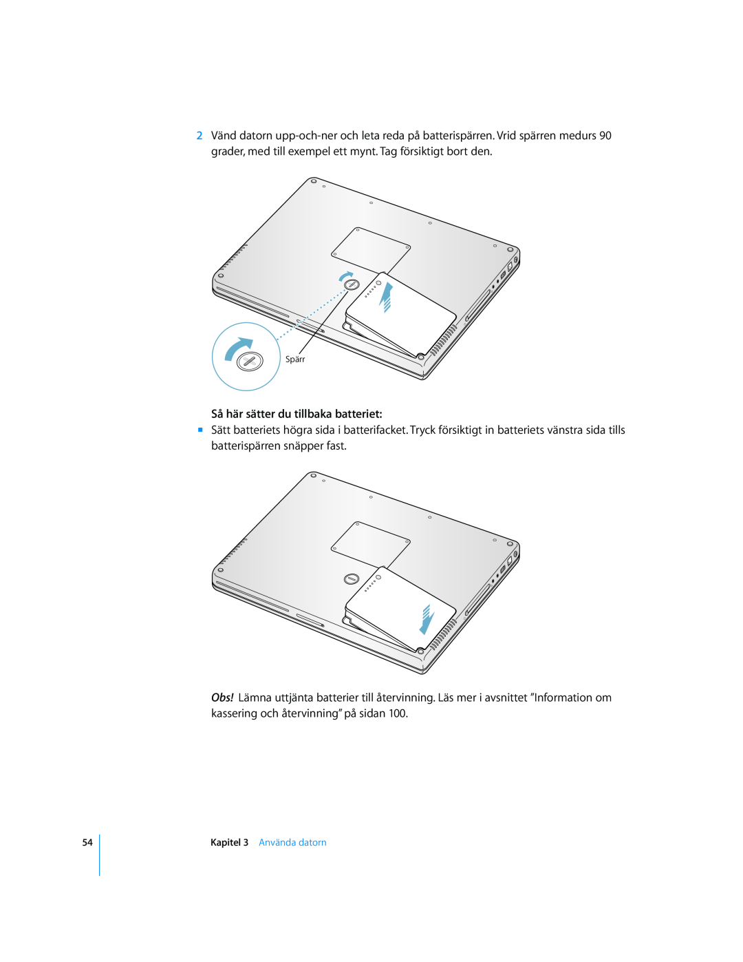 Apple G4 15-TUM manual Så här sätter du tillbaka batteriet, Spärr 