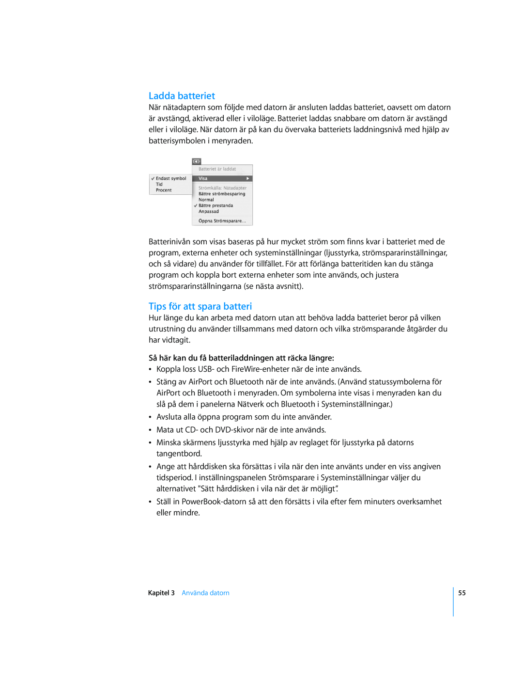 Apple G4 15-TUM manual Ladda batteriet, Tips för att spara batteri, Så här kan du få batteriladdningen att räcka längre 