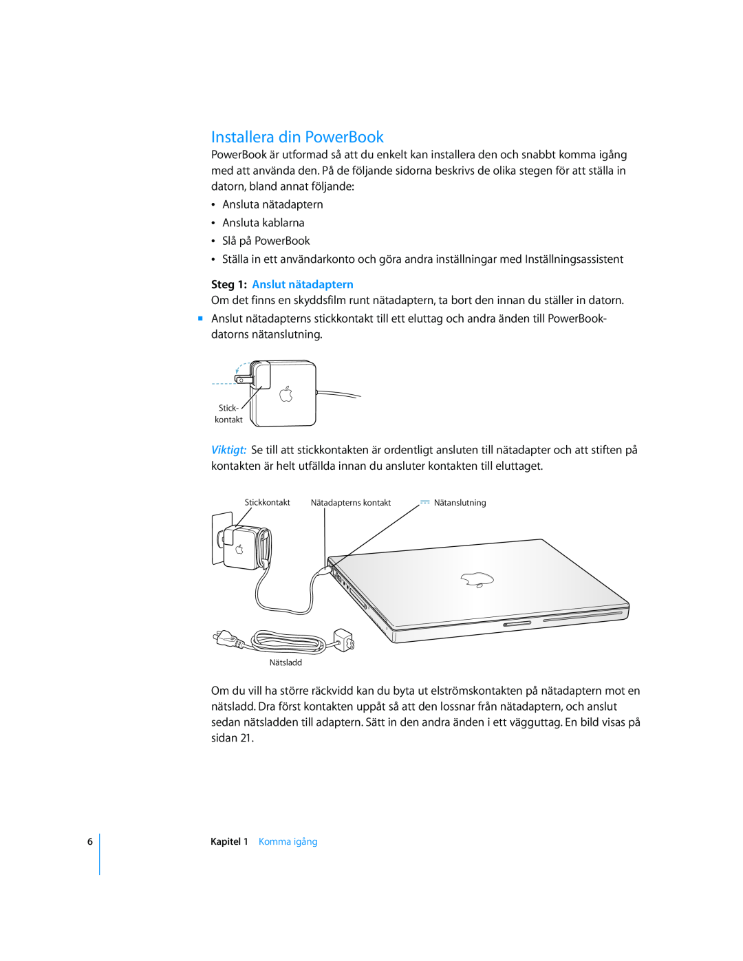 Apple G4 15-TUM manual Installera din PowerBook, Steg 1 Anslut nätadaptern 