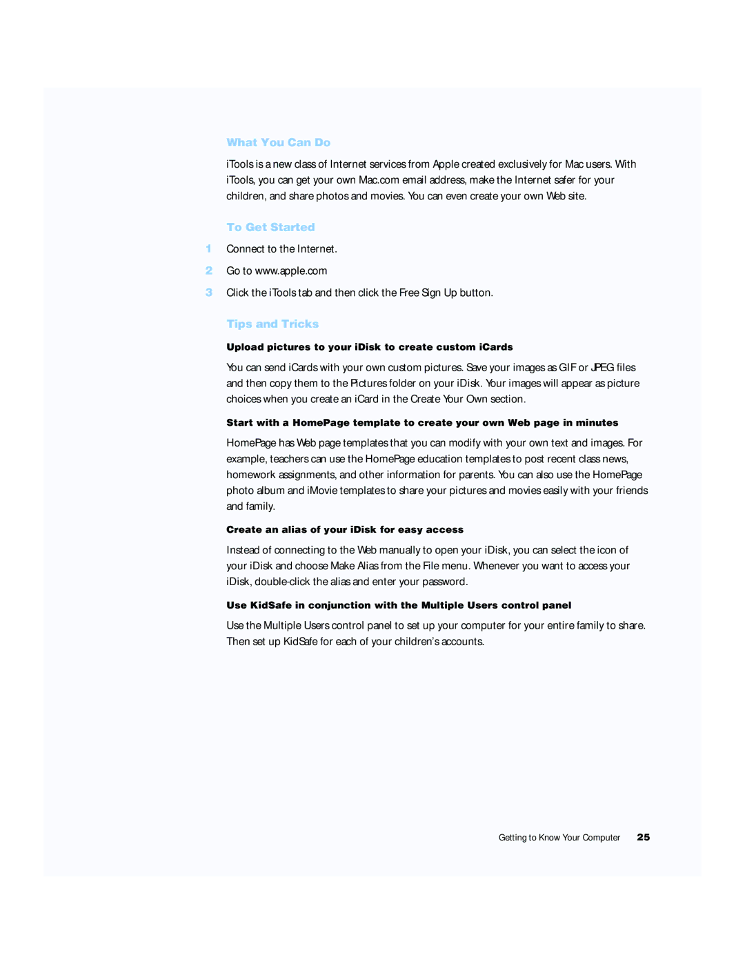 Apple G4 15 manual What You Can Do To Get Started, Upload pictures to your iDisk to create custom iCards 