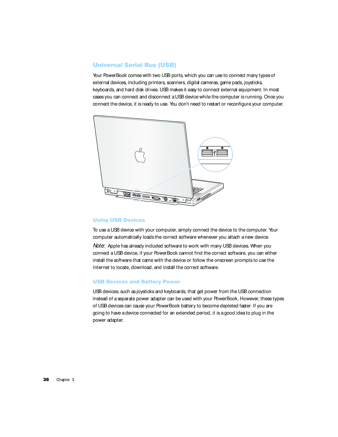 Apple G4 15 manual Universal Serial Bus USB, Using USB Devices, USB Devices and Battery Power 