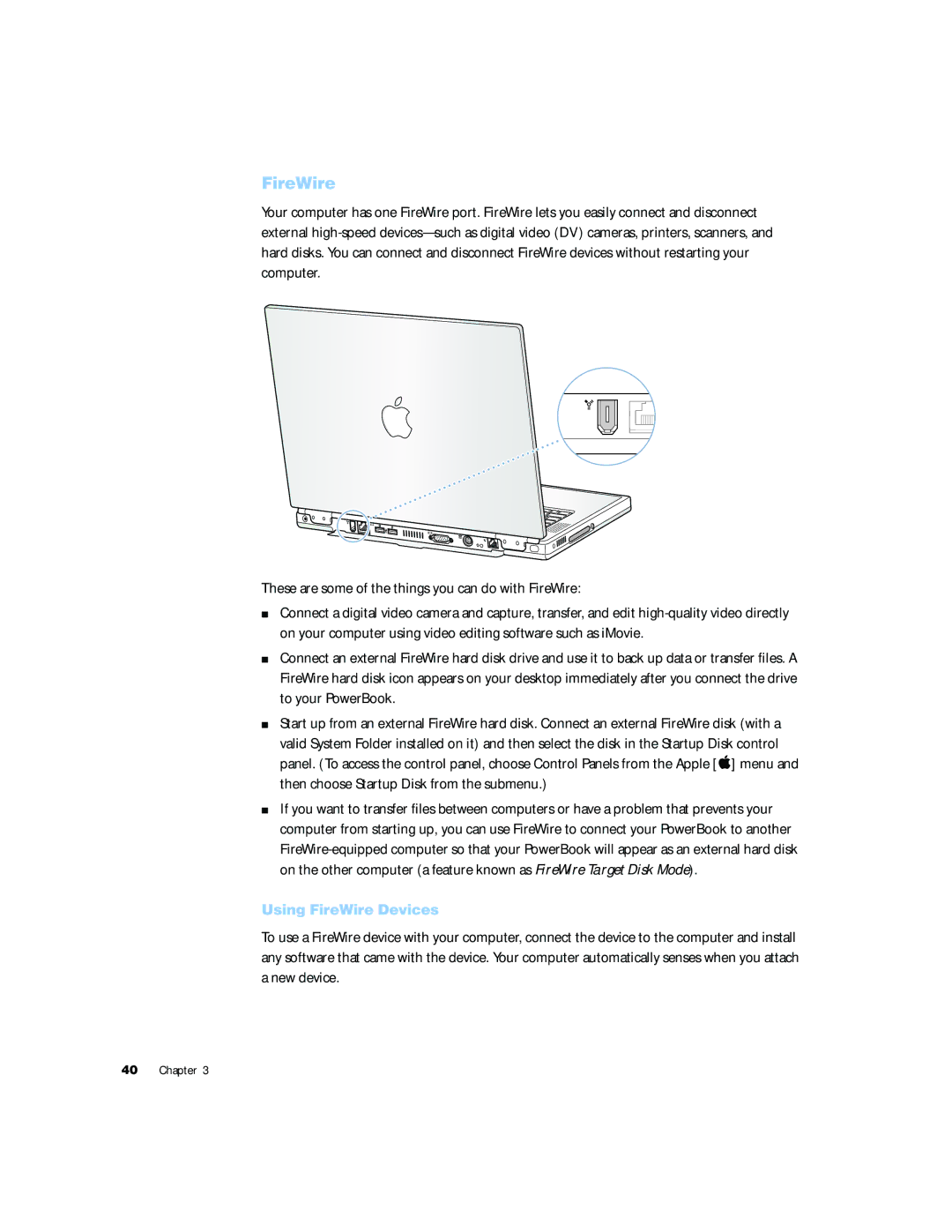 Apple G4 15 manual These are some of the things you can do with FireWire, Using FireWire Devices 