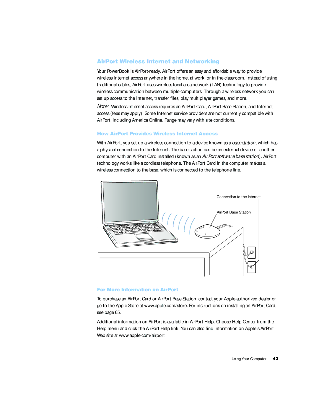 Apple G4 15 manual AirPort Wireless Internet and Networking, How AirPort Provides Wireless Internet Access 