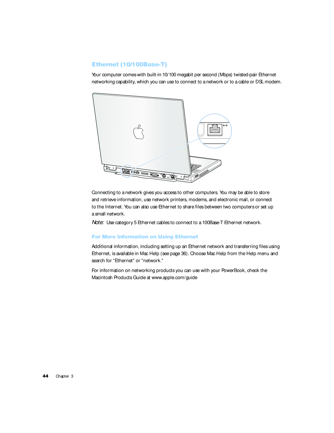 Apple G4 15 manual Ethernet 10/100Base-T, For More Information on Using Ethernet 