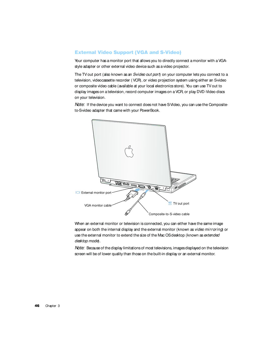 Apple G4 15 manual External Video Support VGA and S-Video 