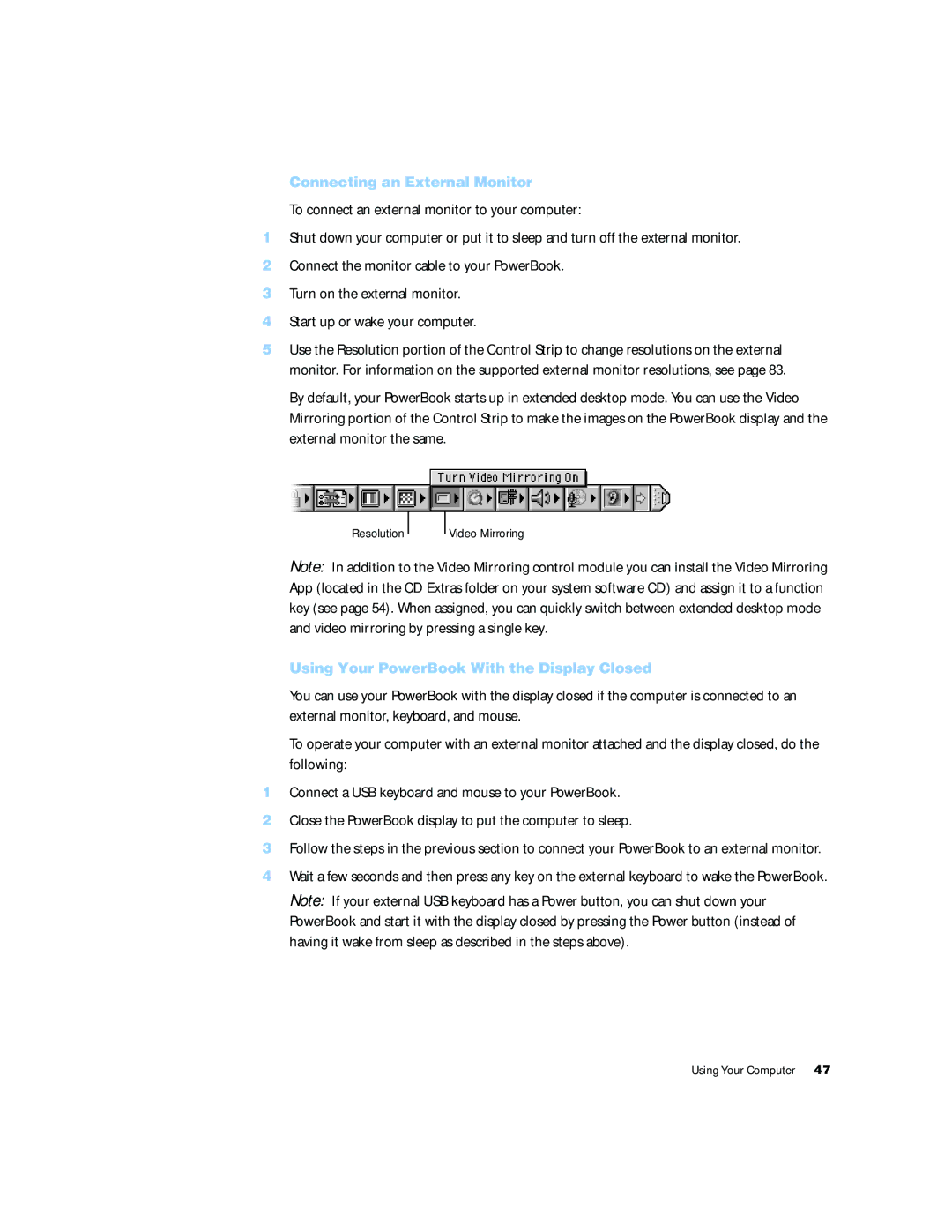 Apple G4 15 manual Connecting an External Monitor, Using Your PowerBook With the Display Closed 