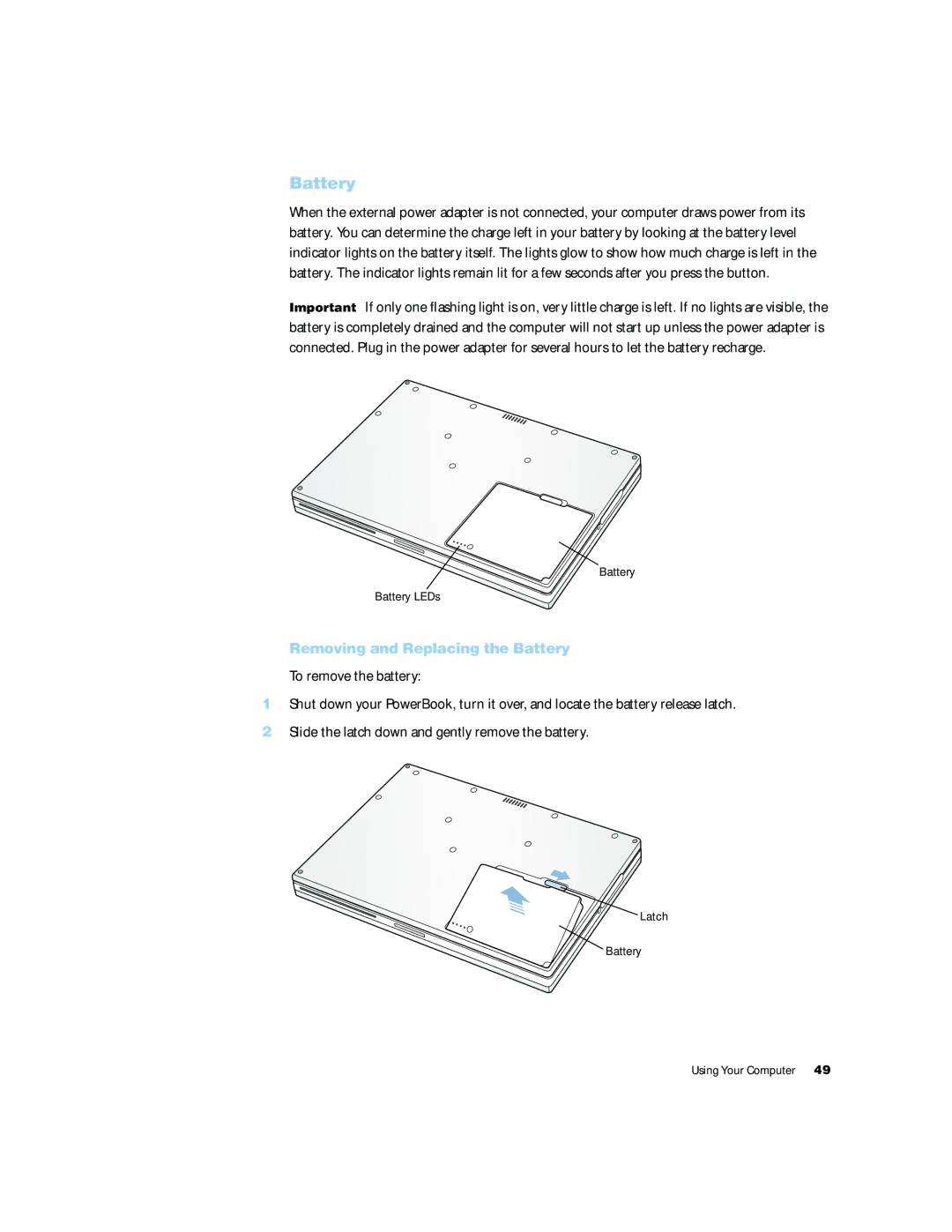 Apple G4 15 manual Removing and Replacing the Battery 