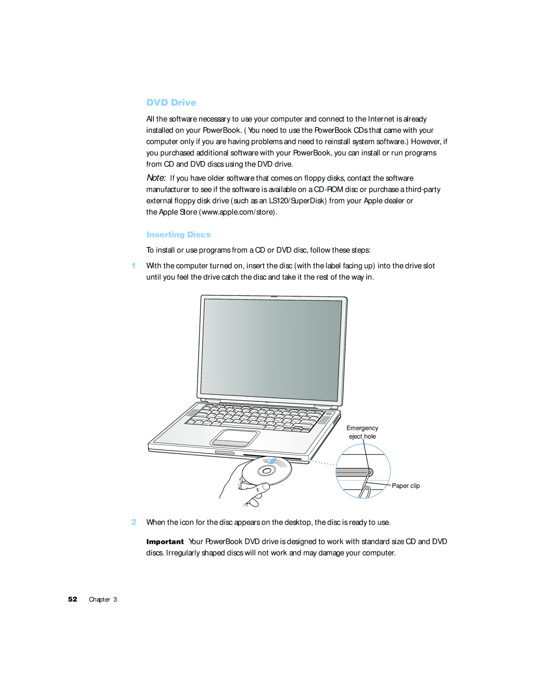 Apple G4 15 manual DVD Drive, Inserting Discs 