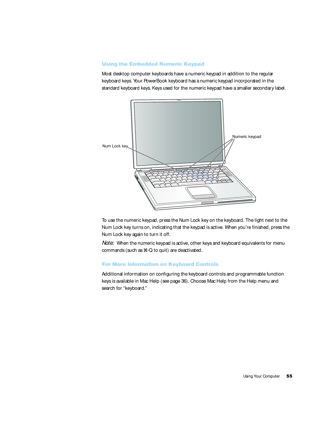 Apple G4 15 manual Using the Embedded Numeric Keypad, For More Information on Keyboard Controls 