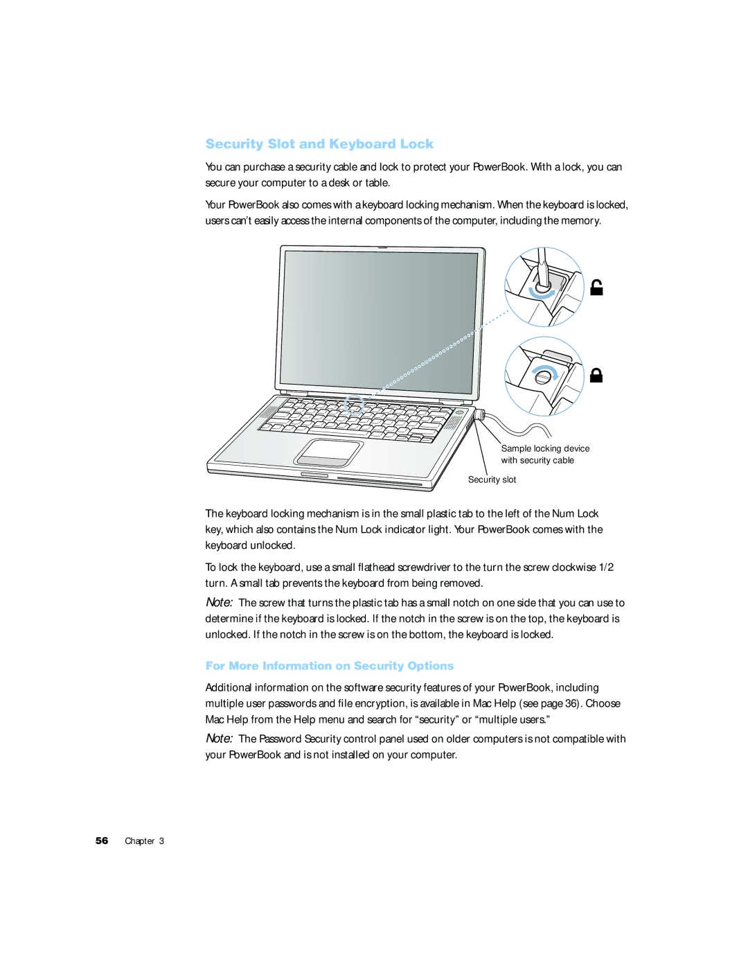 Apple G4 15 manual Security Slot and Keyboard Lock, For More Information on Security Options 