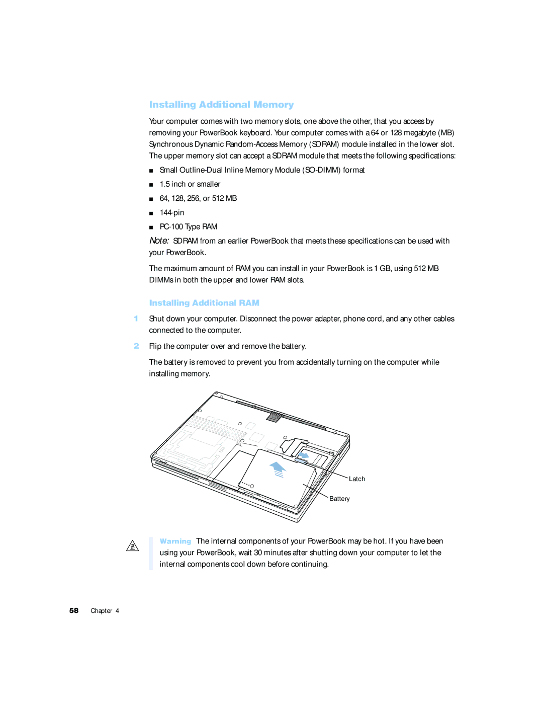 Apple G4 15 manual Installing Additional Memory, Installing Additional RAM 