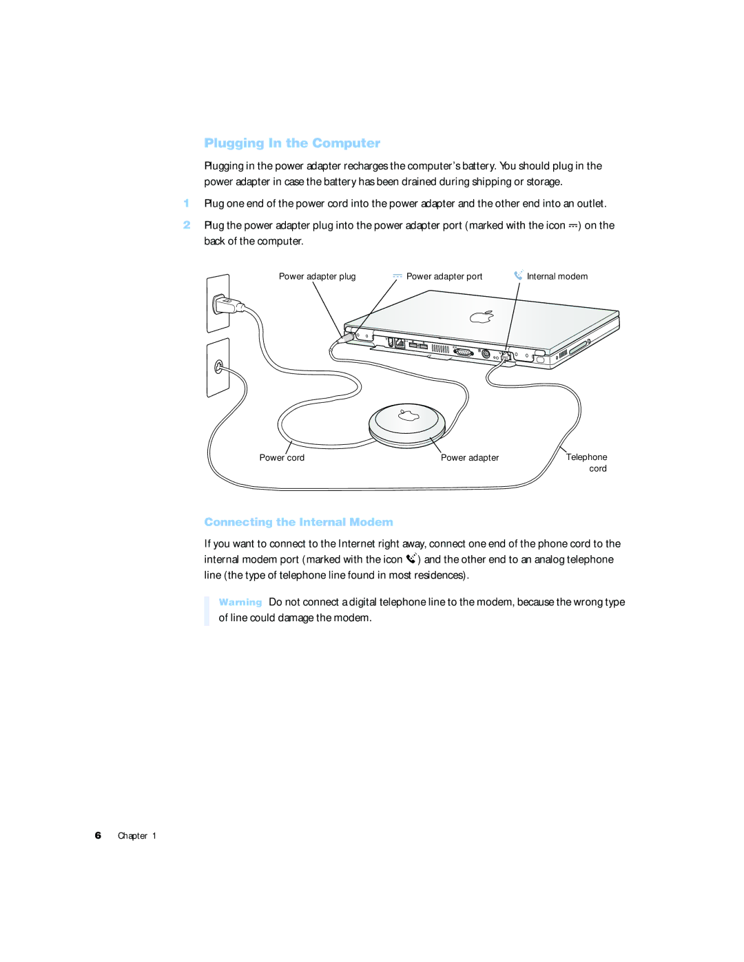 Apple G4 15 manual Plugging In the Computer, Connecting the Internal Modem 