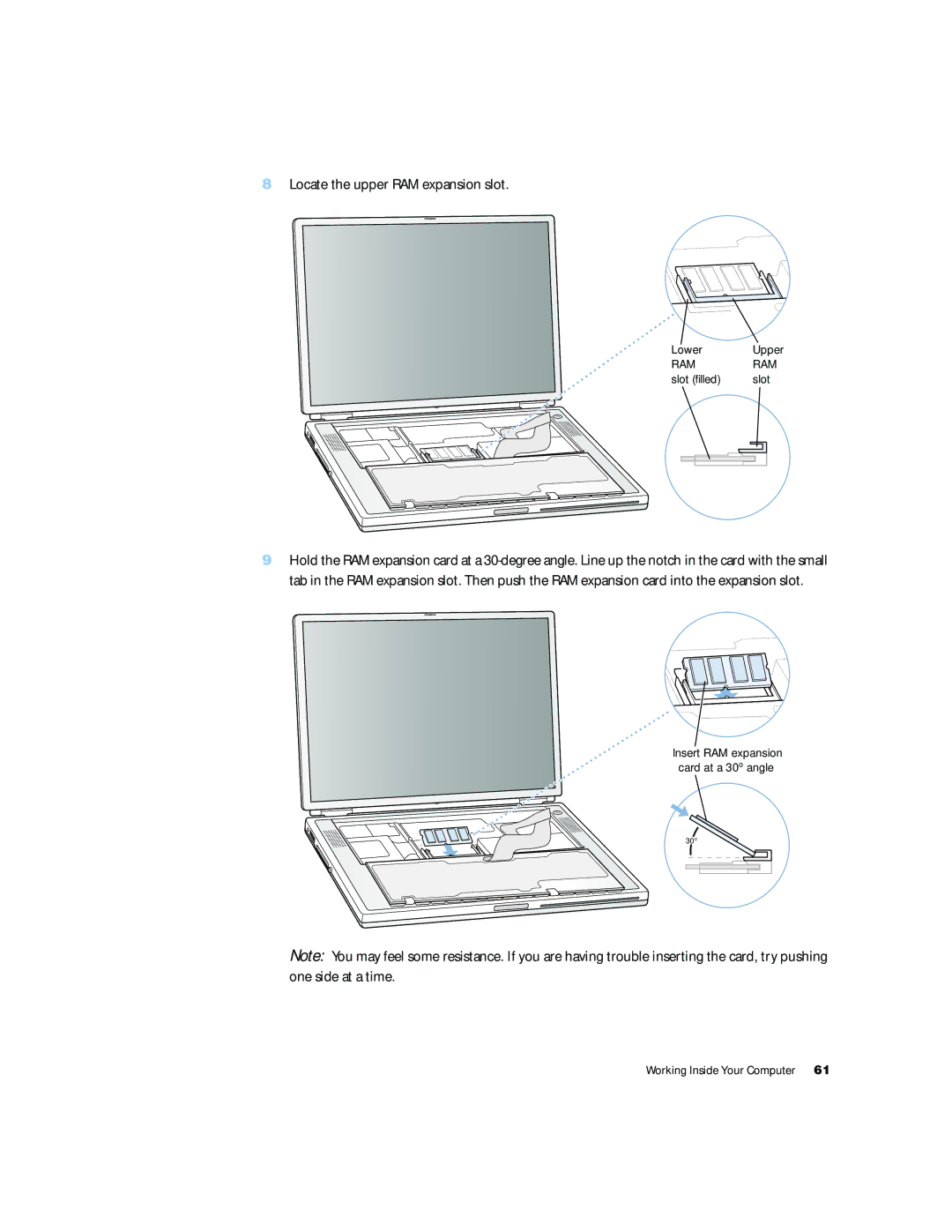 Apple G4 15 manual Locate the upper RAM expansion slot 