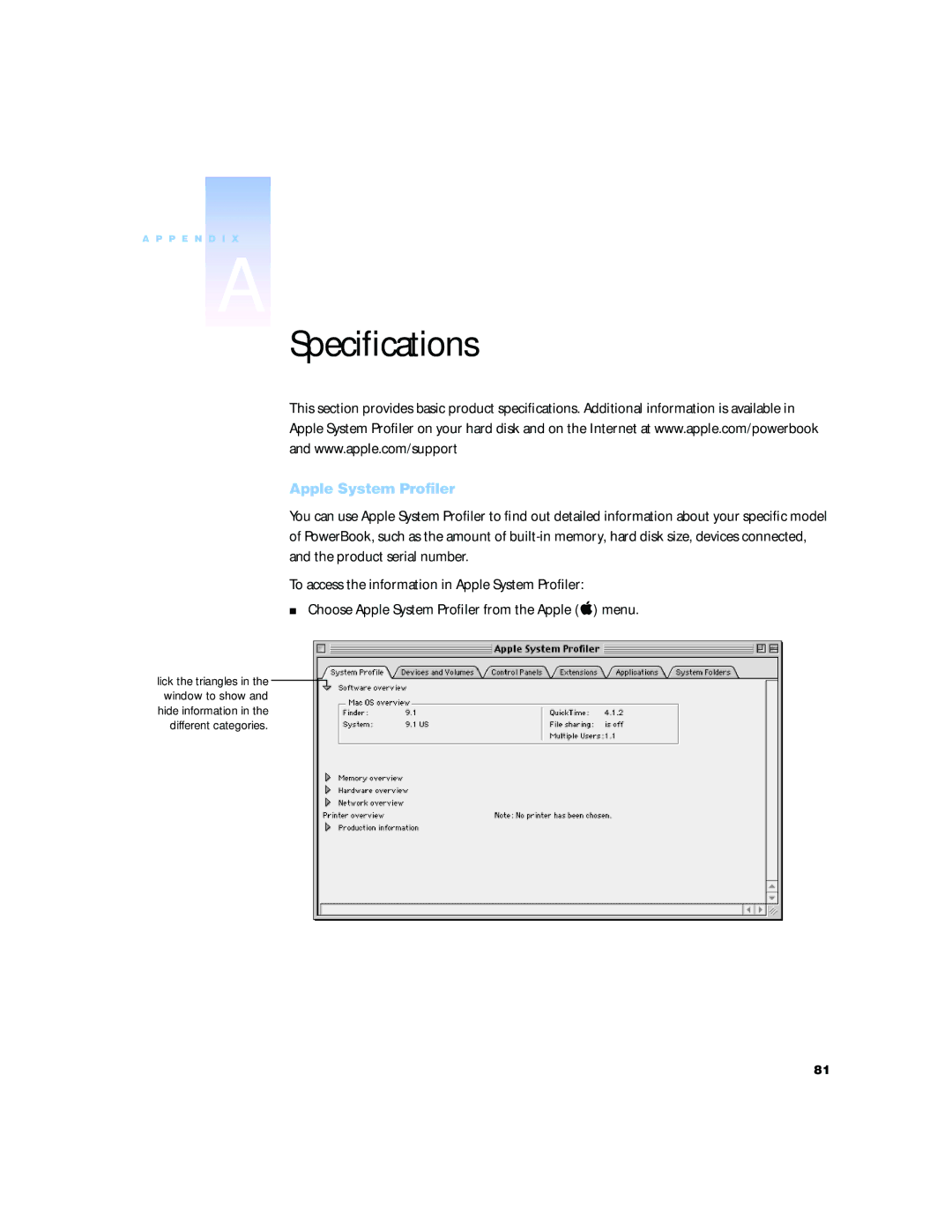 Apple G4 15 manual Speciﬁcations, Apple System Profiler 