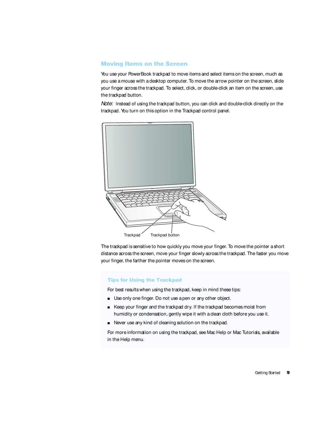 Apple G4 15 manual Moving Items on the Screen, Tips for Using the Trackpad 